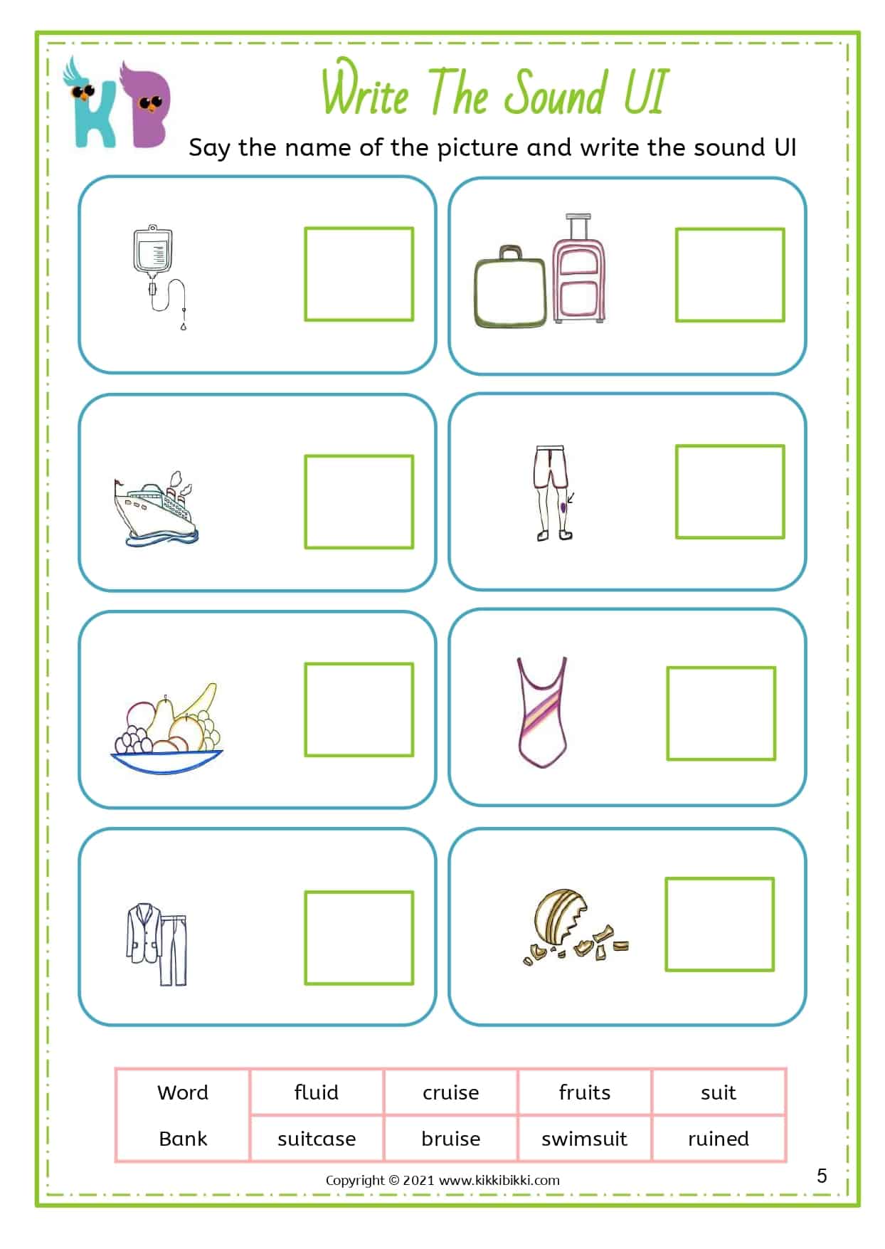 ui Words - Kindergarten Worksheet - Free Phonics Printable