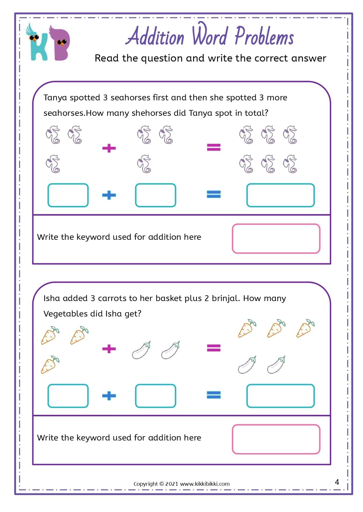 ADDITION WORD PROBLEM WORKSHEETS KikkiBikki