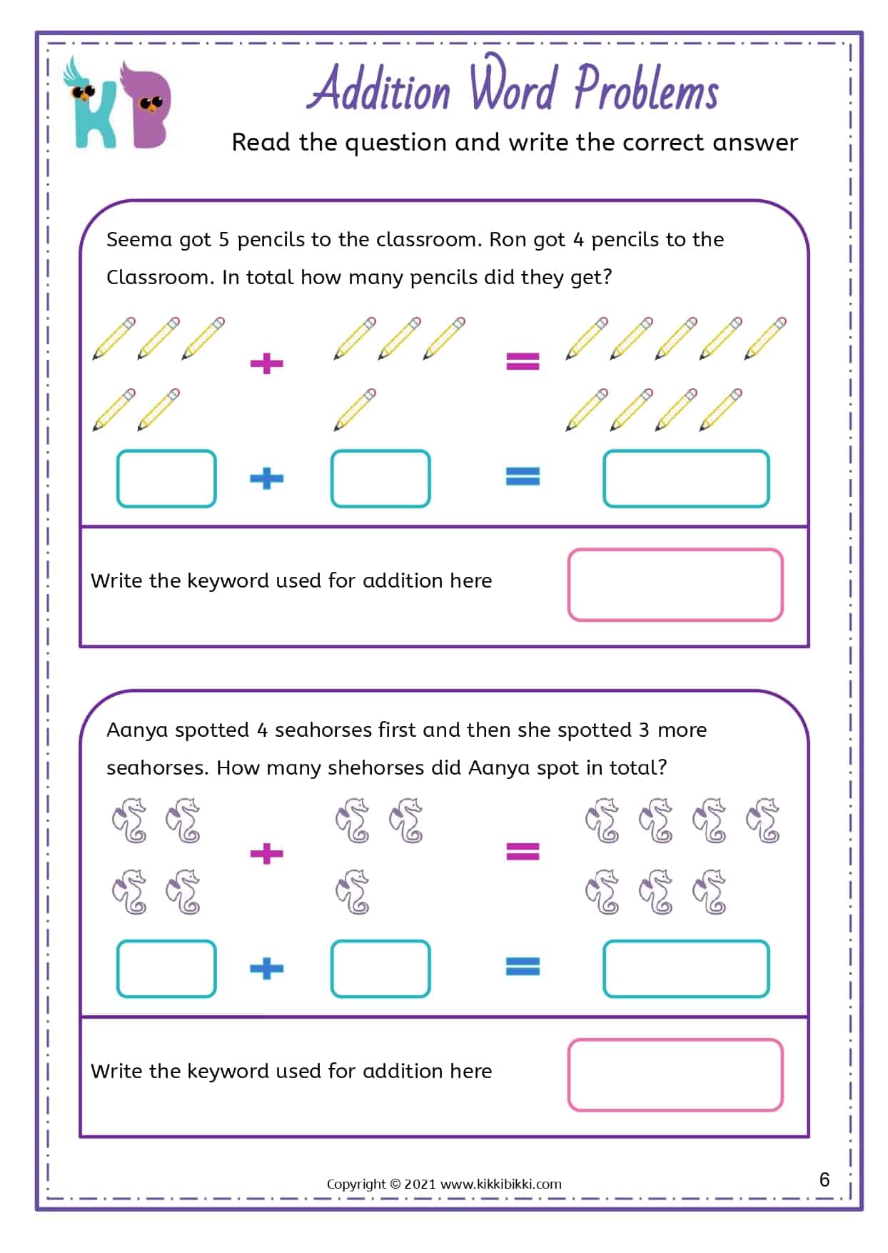 ADDITION WORD PROBLEM WORKSHEETS - KikkiBikki