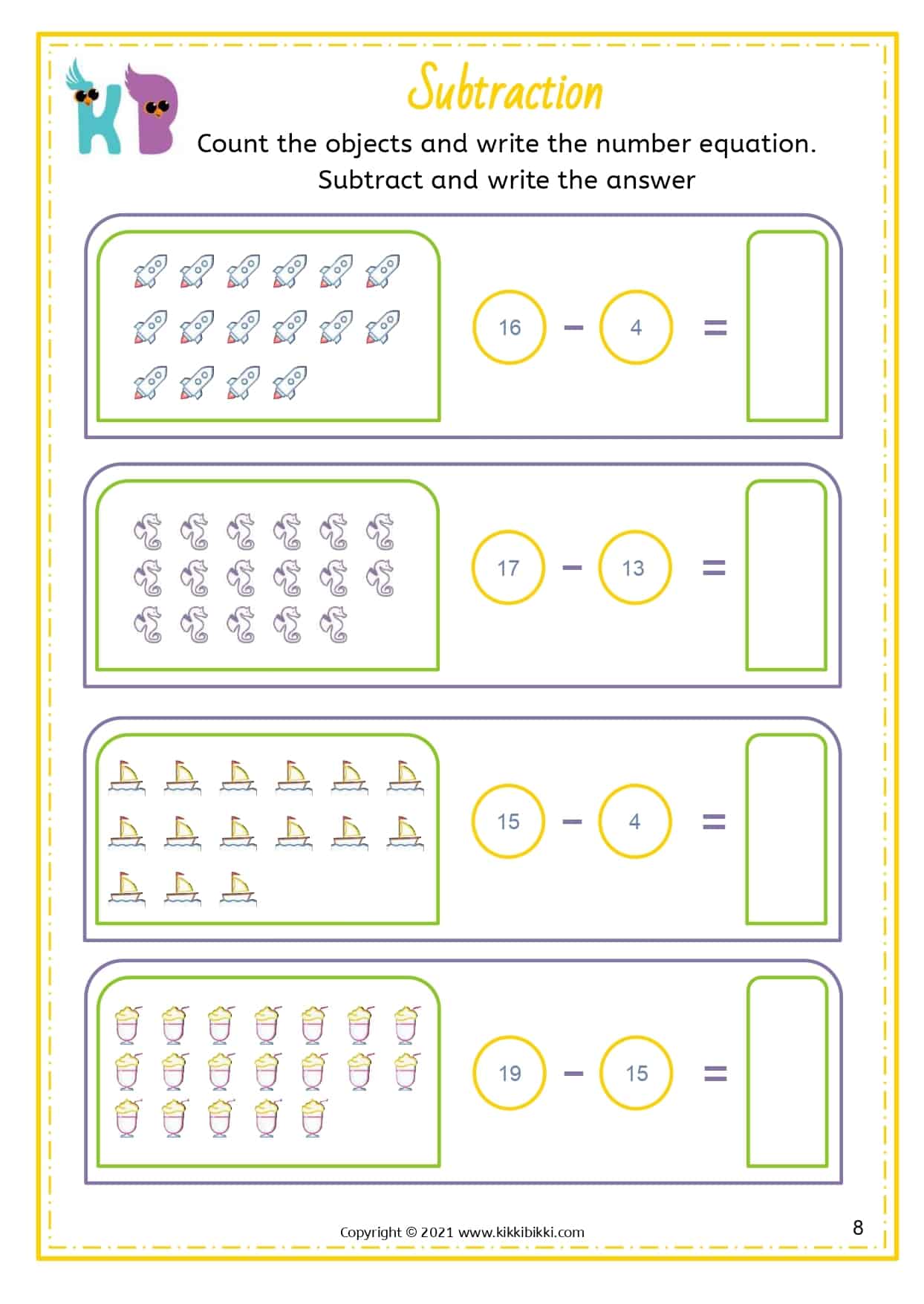 SUBTRACTION Worksheets - for Upper Kindergarten Kids