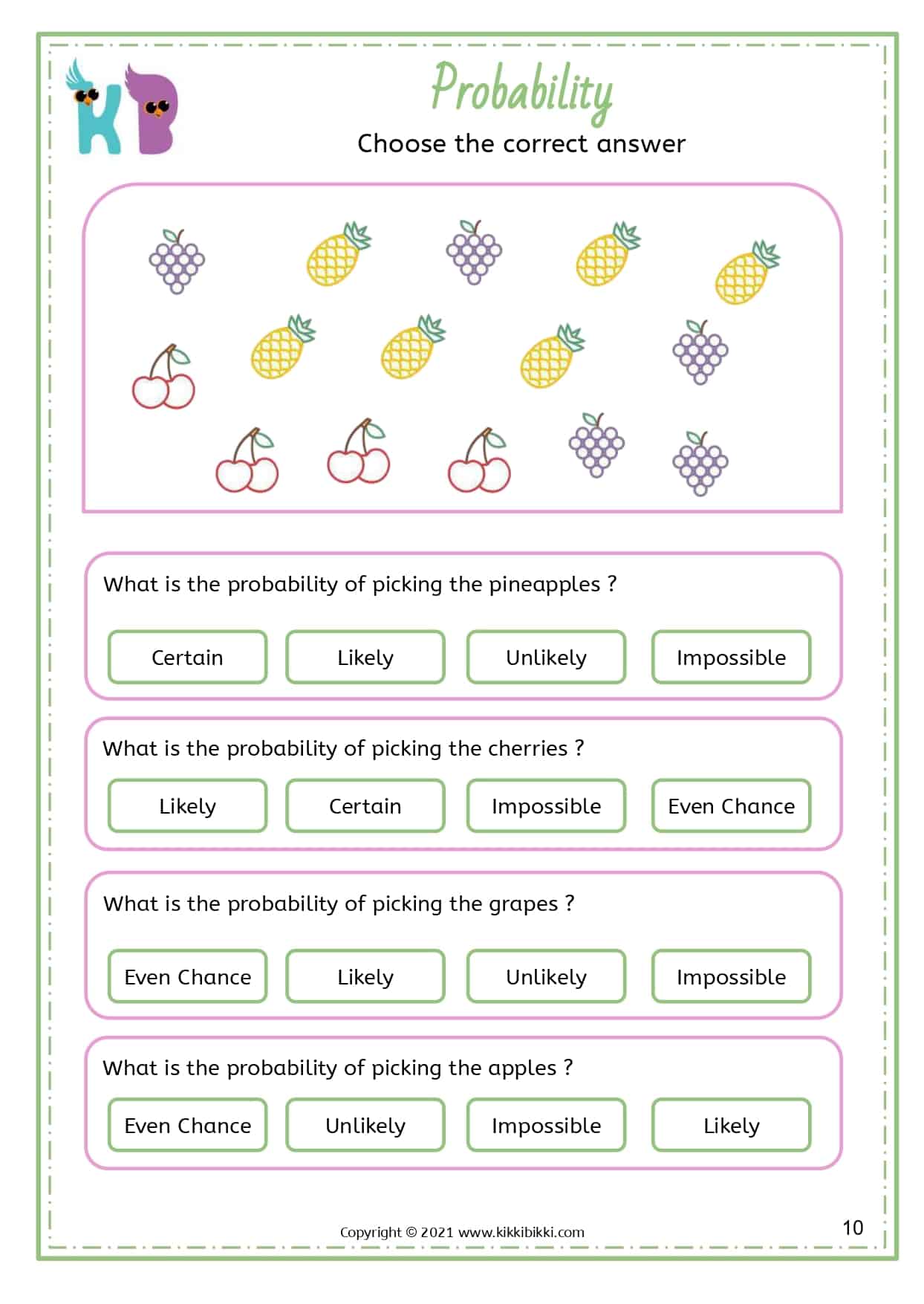 Probability - KINDERGARTEN WORKSHEETS - KikkiBikki