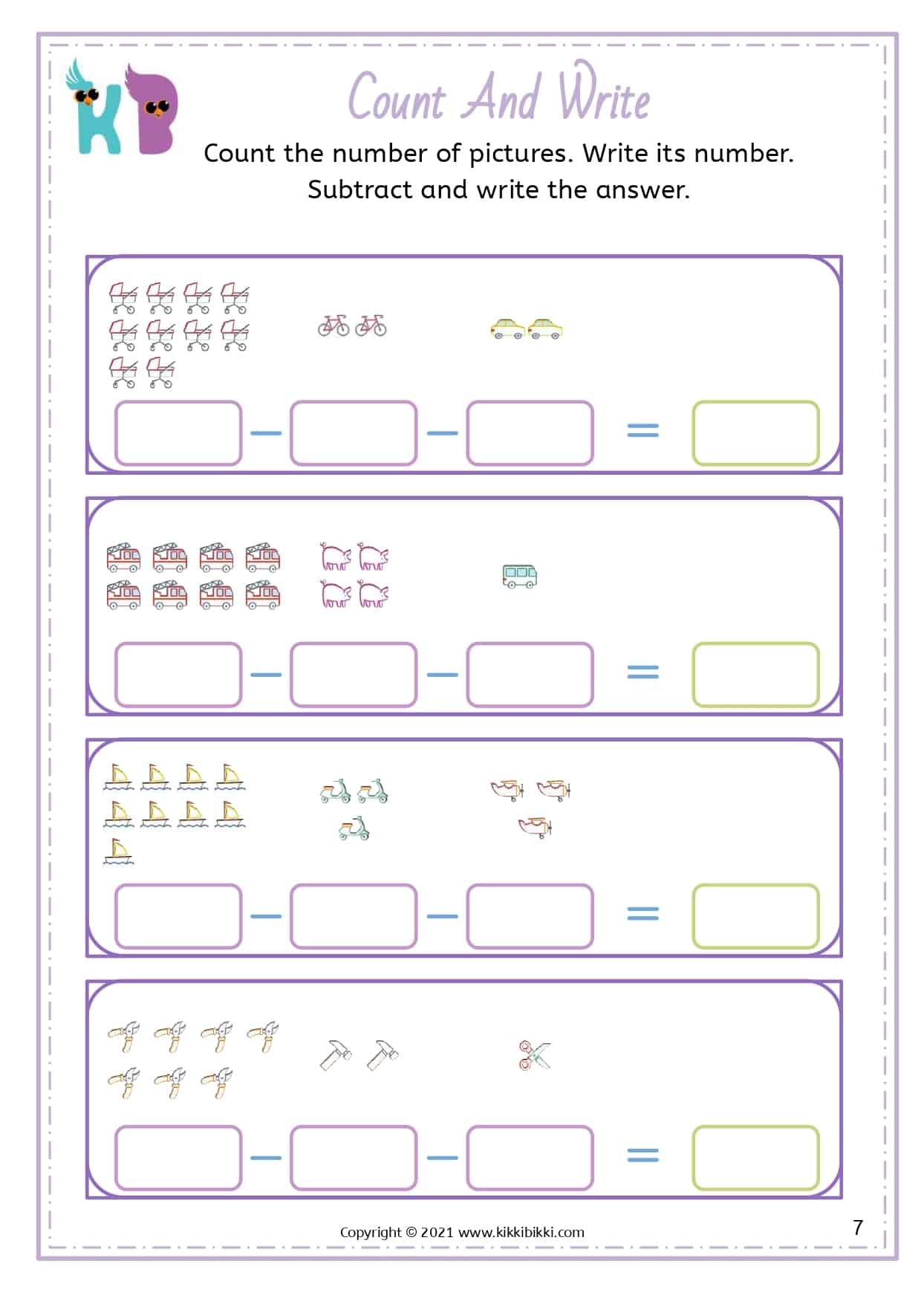 SUBTRACTION Worksheet - KikkiBikki - Free Math Printable