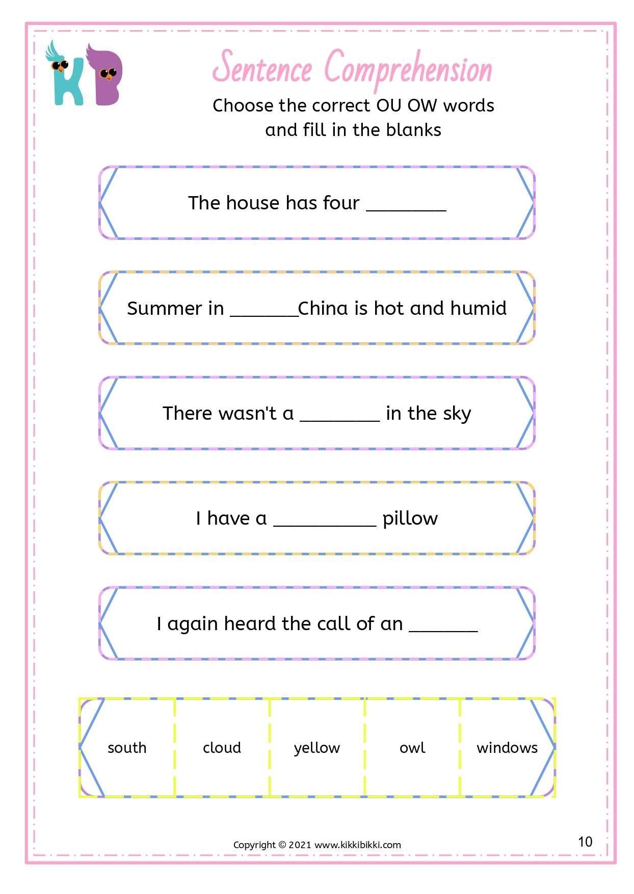 Learn to Spell ou ow Words - Kindergarten Worksheets
