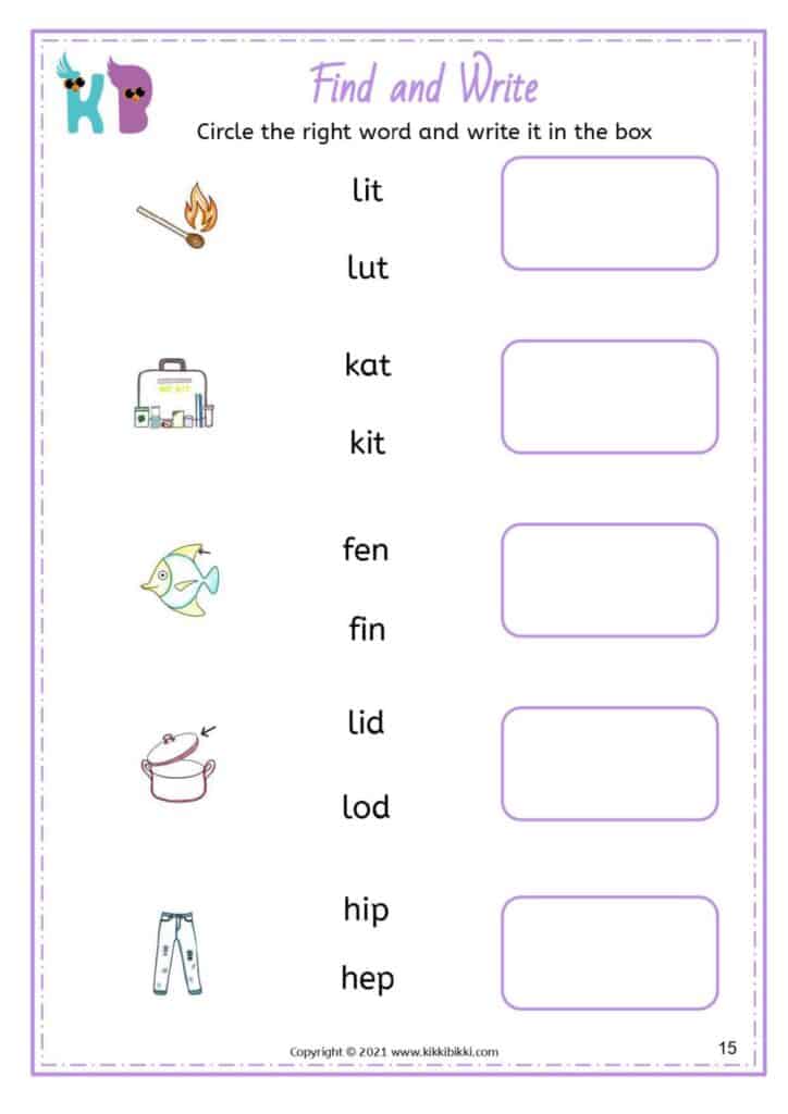 Phonics CVC Short I Words for Kindergarteners Worksheets