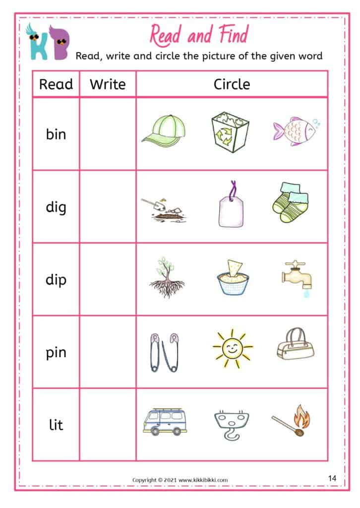 Phonics CVC Short I Words for Kindergarteners Worksheets