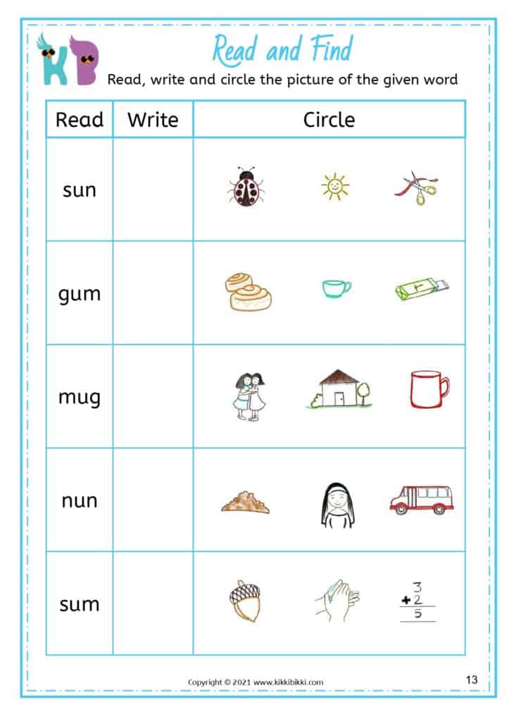 Phonics CVC Short u Words for Kindergarteners Worksheets