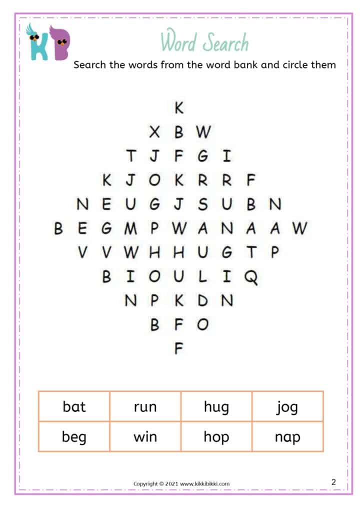 Kindergarten Phonics Word Search