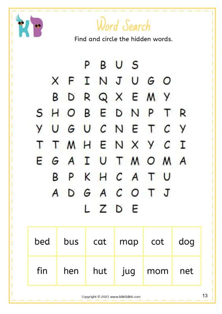 Kindergarten CVC Word Search