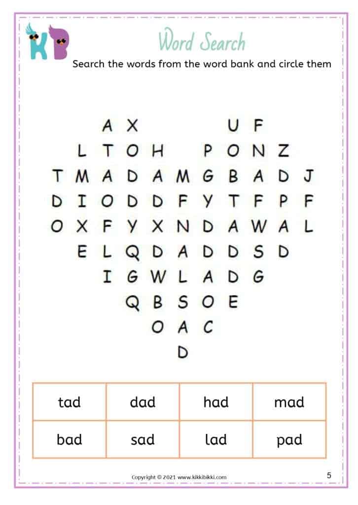 CVC - ad Words 3 Letters Worksheets