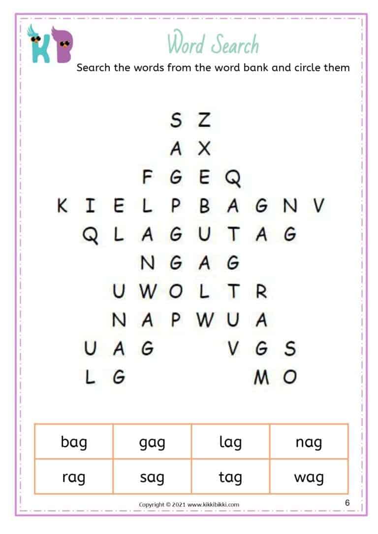 CVC - ag Family Words Sentences Worksheets