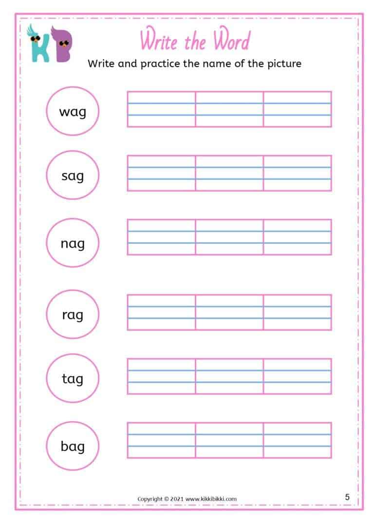 CVC - ag Words Free Kindergarten Worksheets