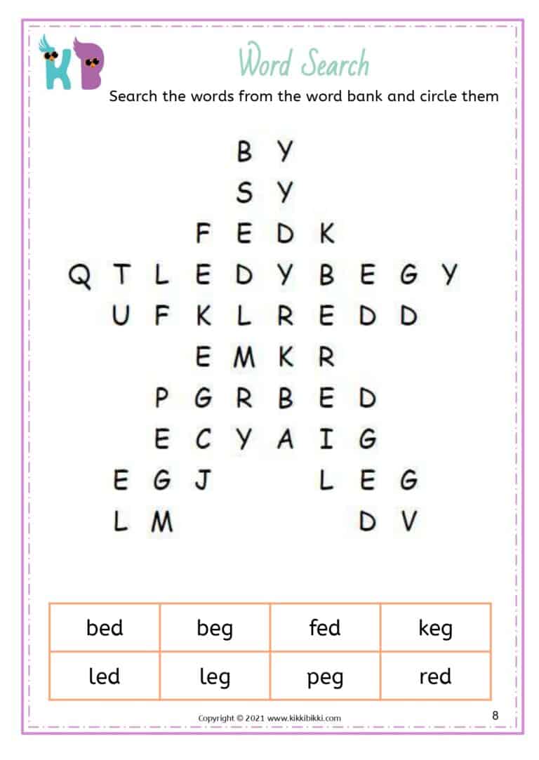 Free Printable CVC Short E -eg Words Worksheets