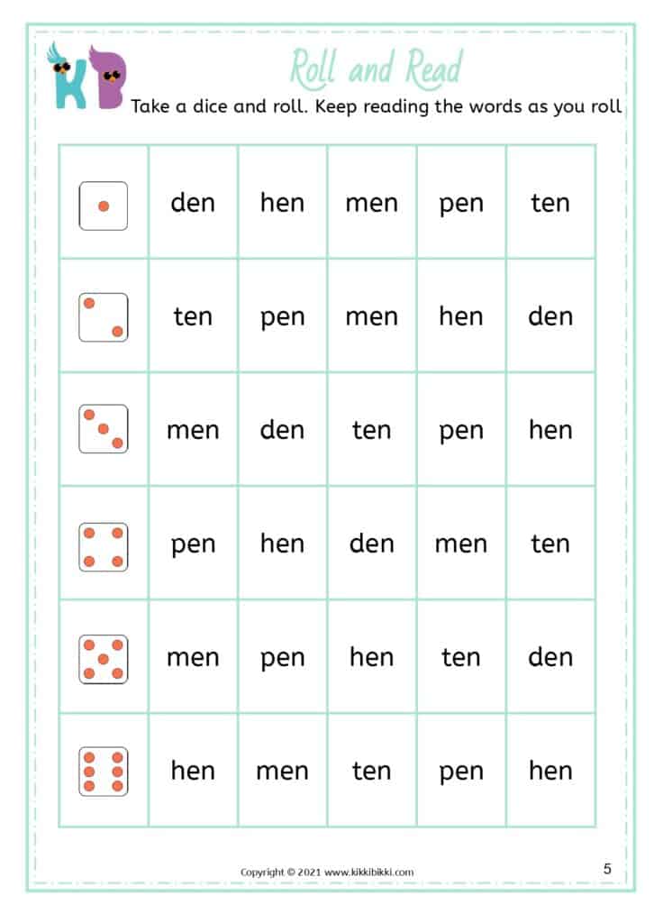 CVC Short E -en Family Words Story Worksheets