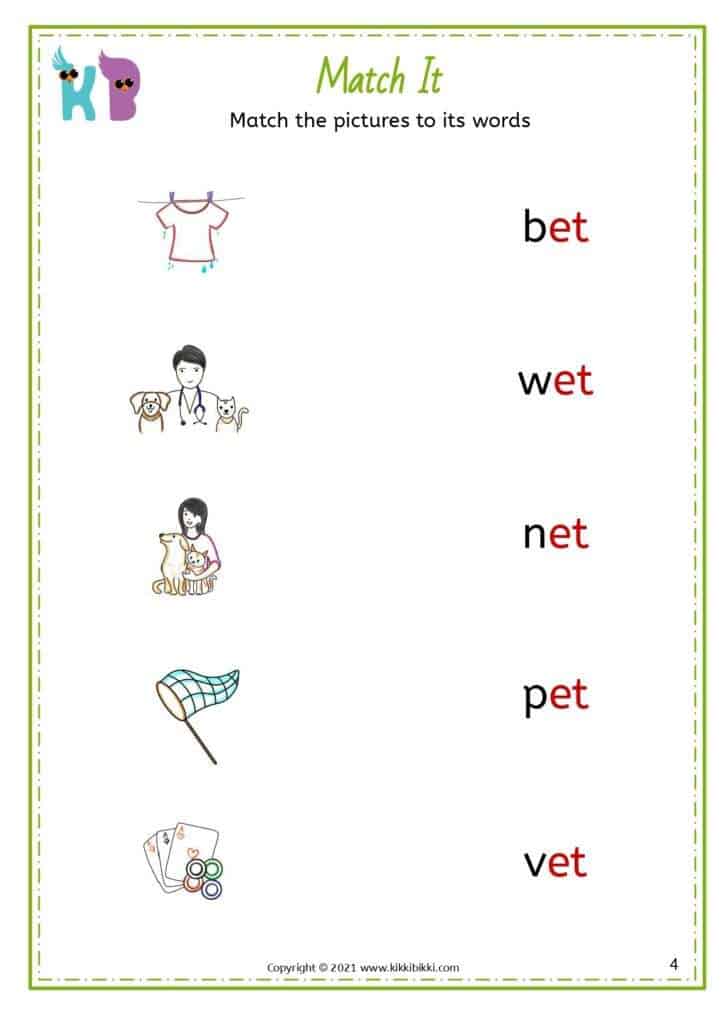 CVC Short E -et Words in English Worksheets