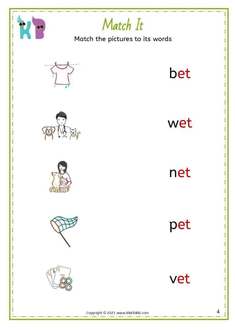 CVC Short E -et Words in English Worksheets