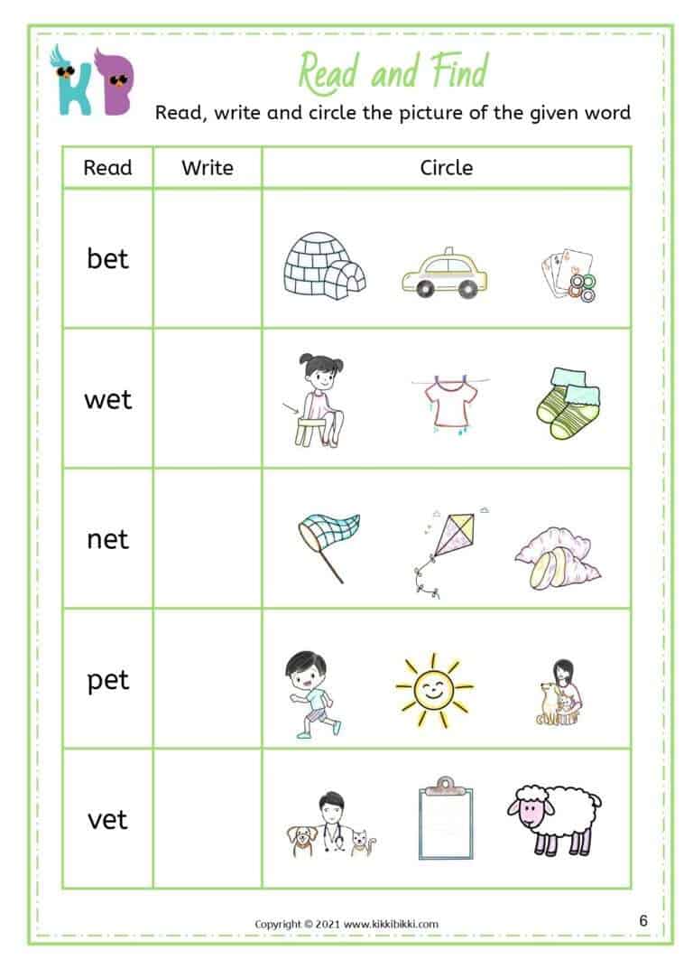 CVC Short E -et Read and Match Worksheets