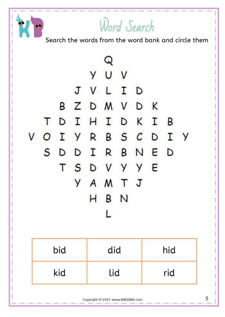 CVC -id Word Search Worksheets