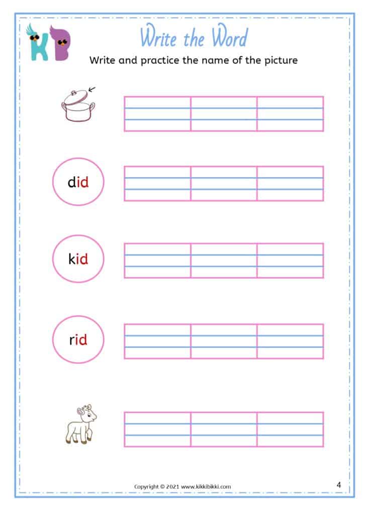 Free Printable CVC -id Family Word List Worksheets