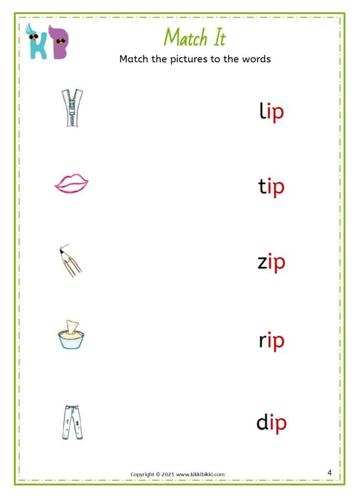 CVC Short I -ip Words Worksheets