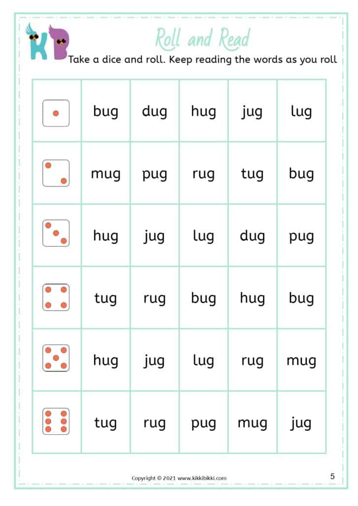 CVC Short u roll the dice and read Worksheets