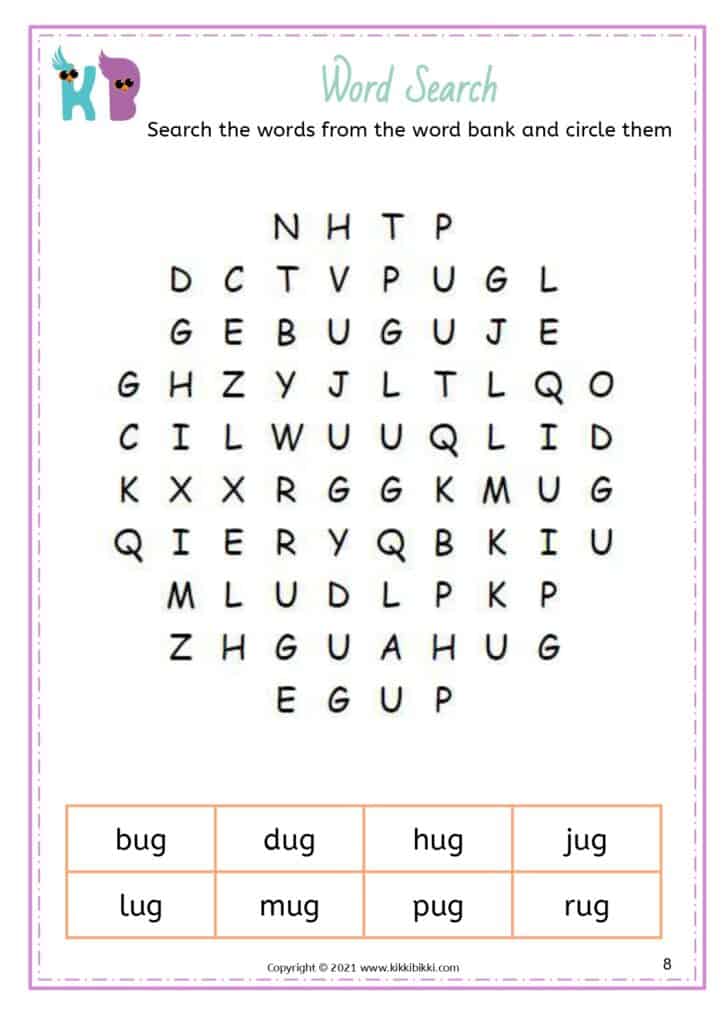 CVC Short u -ug Jumbled Words Worksheets