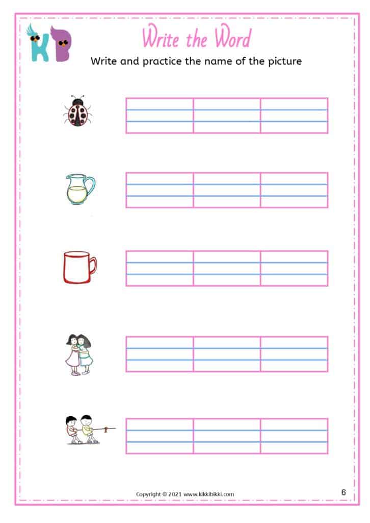 Free Printable CVC Short u -ug Family Word List Worksheets