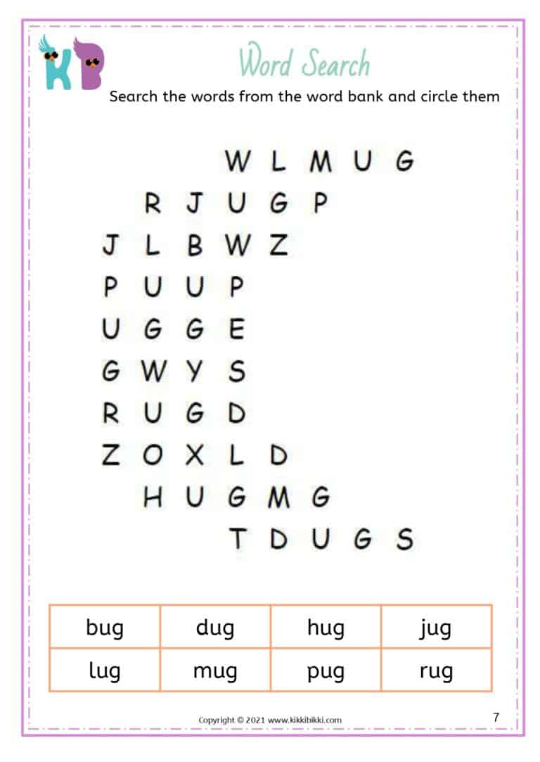 CVC Short u -ug Word Search Worksheets