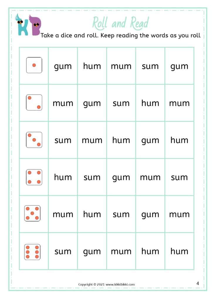 CVC Short u roll the dice and read Worksheets