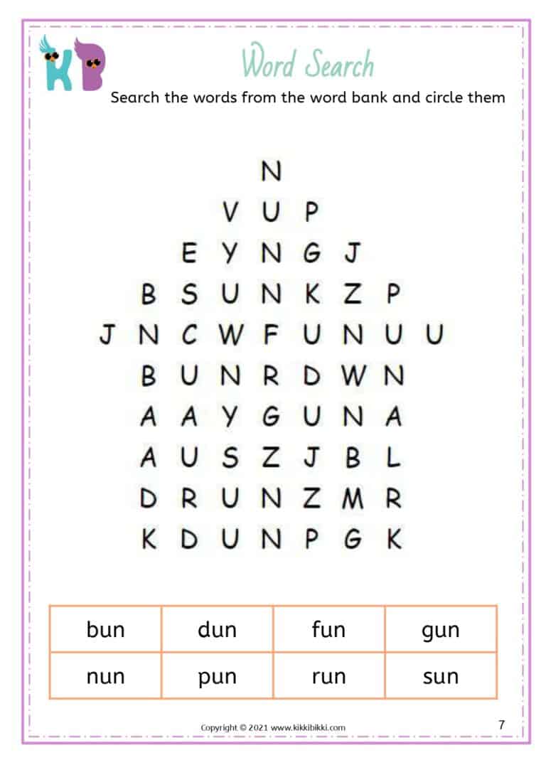 CVC -un Word Family - Free Phonics Printable