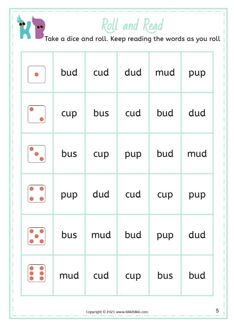 CVC Short u roll the dice and read Worksheets