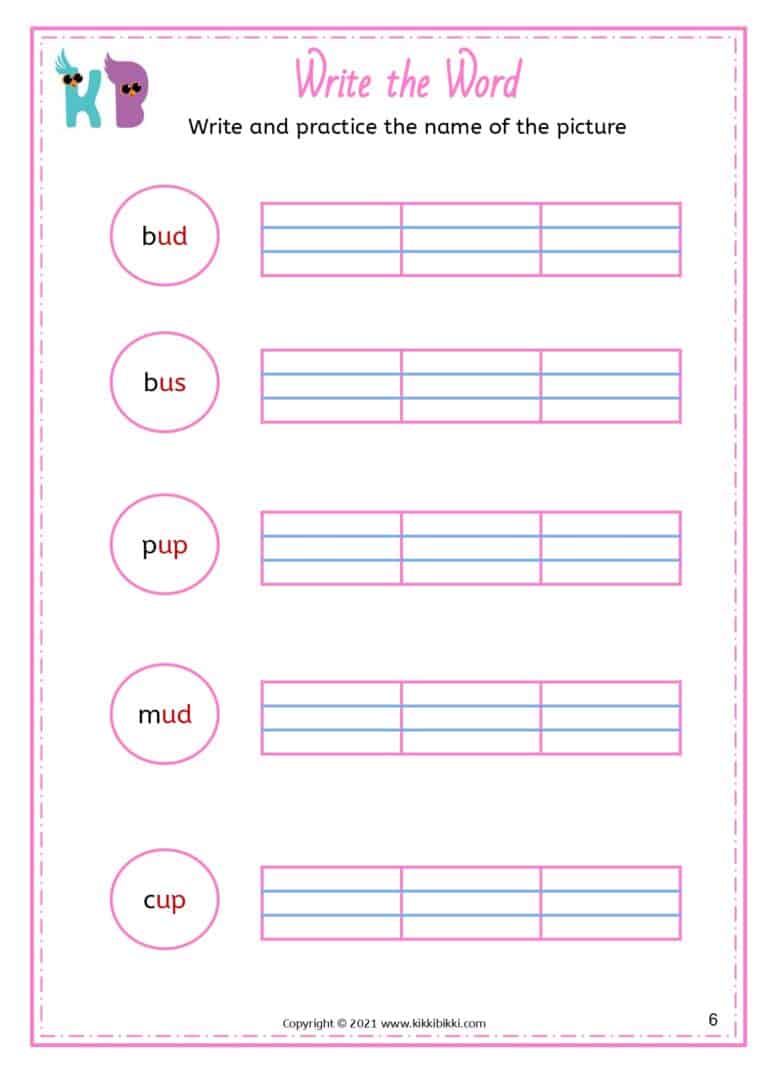 Free Printable CVC Short u -ud -up -us Family Word List Worksheets