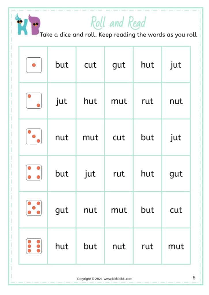 CVC Short u roll the dice and read Worksheets