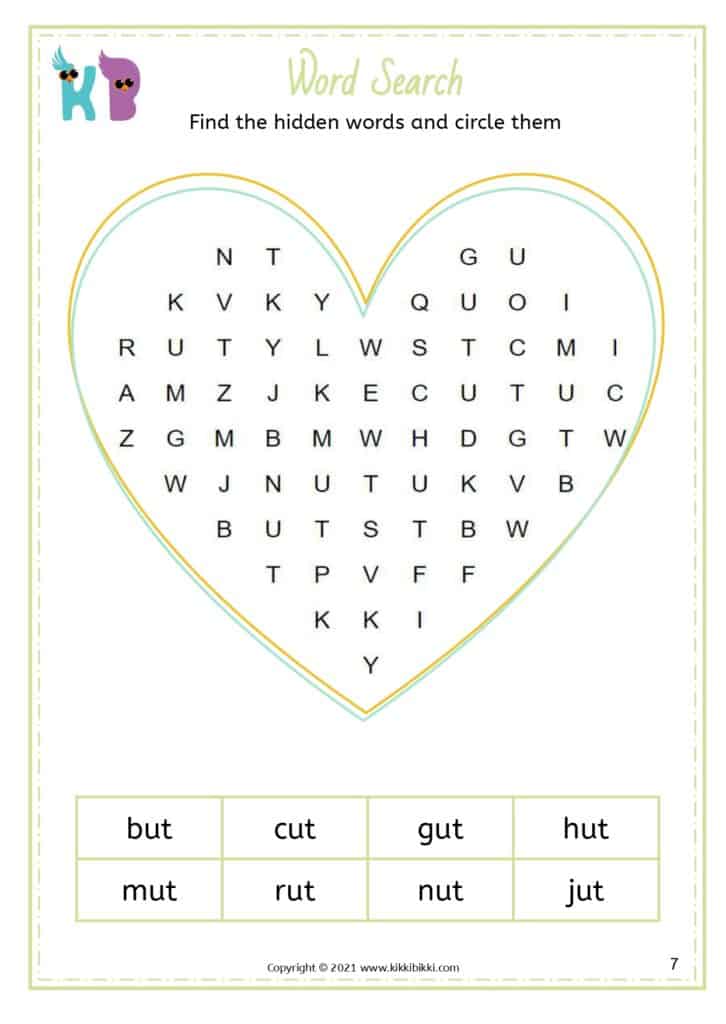 CVC Short u -ut Word Search Worksheets