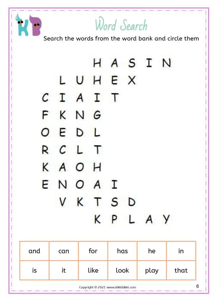 Sight Words Word Search for Kids