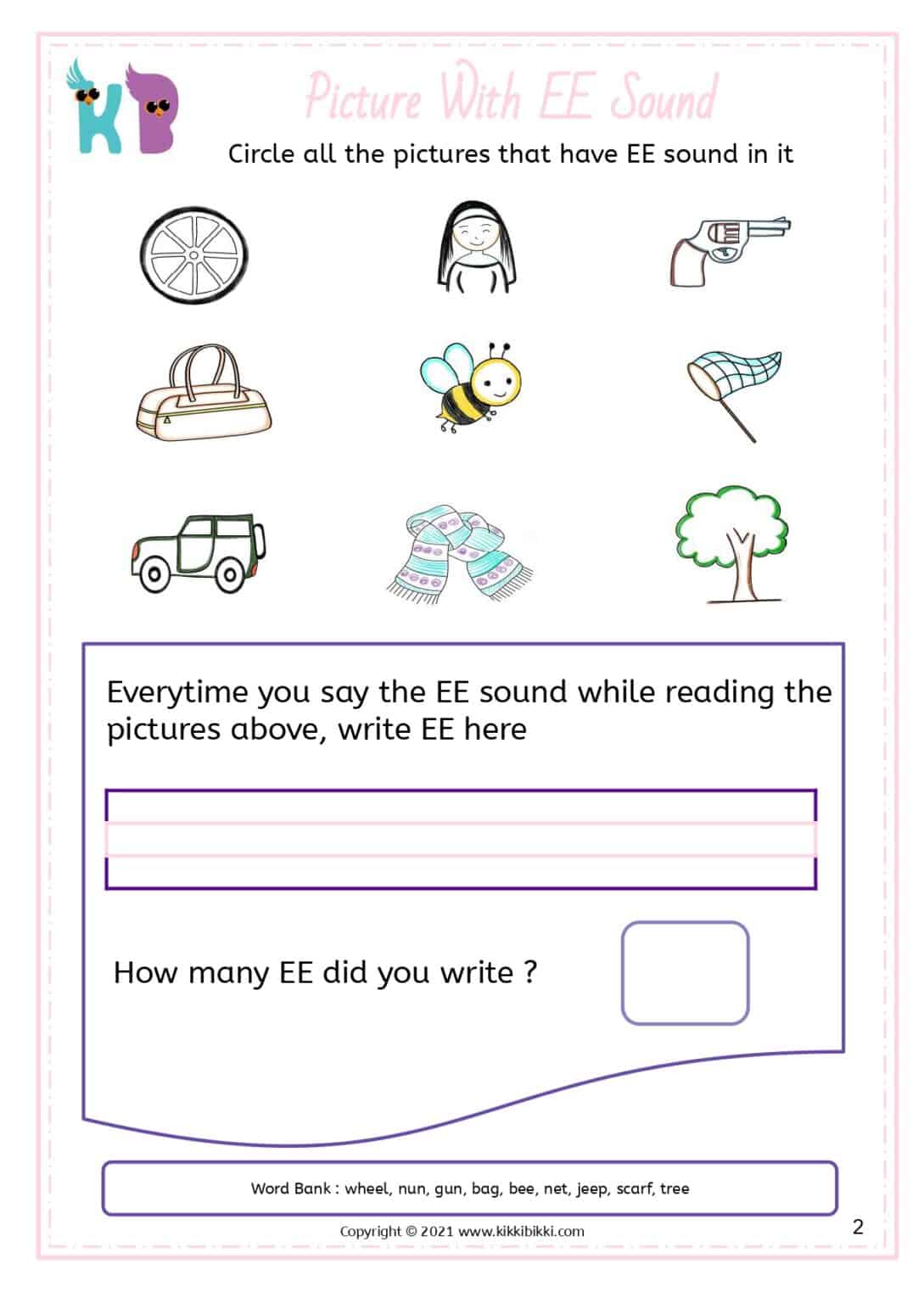 ee Words - Kindergarten Worksheet - Free Phonics Printable