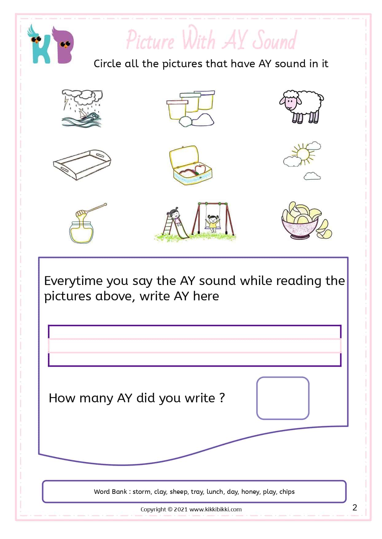 ay words Kindergarten Worksheet Free Phonics Printable