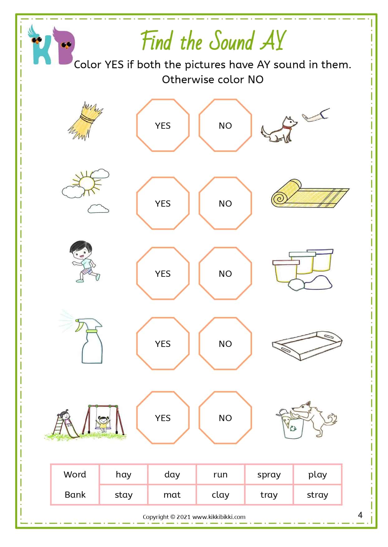 ay words Kindergarten Worksheet Free Phonics Printable