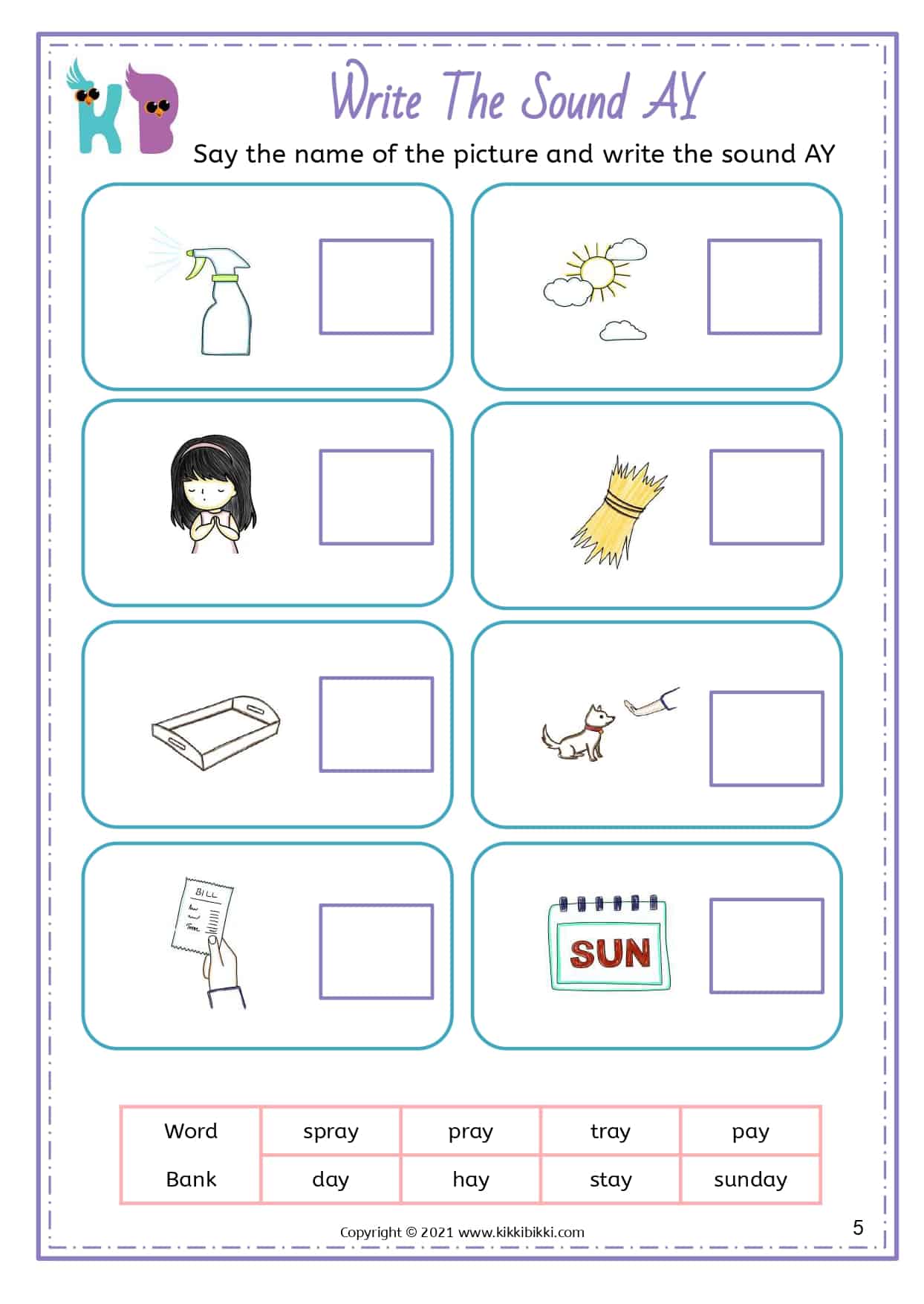 ay words - Kindergarten Worksheet - Free Phonics Printable