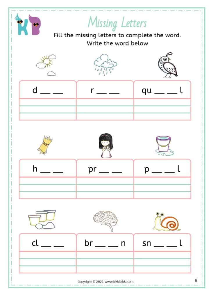Kindergarten Phonics Worksheets - missing letters - learn to spell - ai or ay worksheet