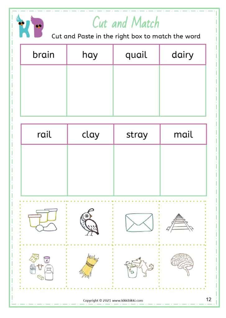 Cut and Match - Long A Free Worksheets for AI & AY Words