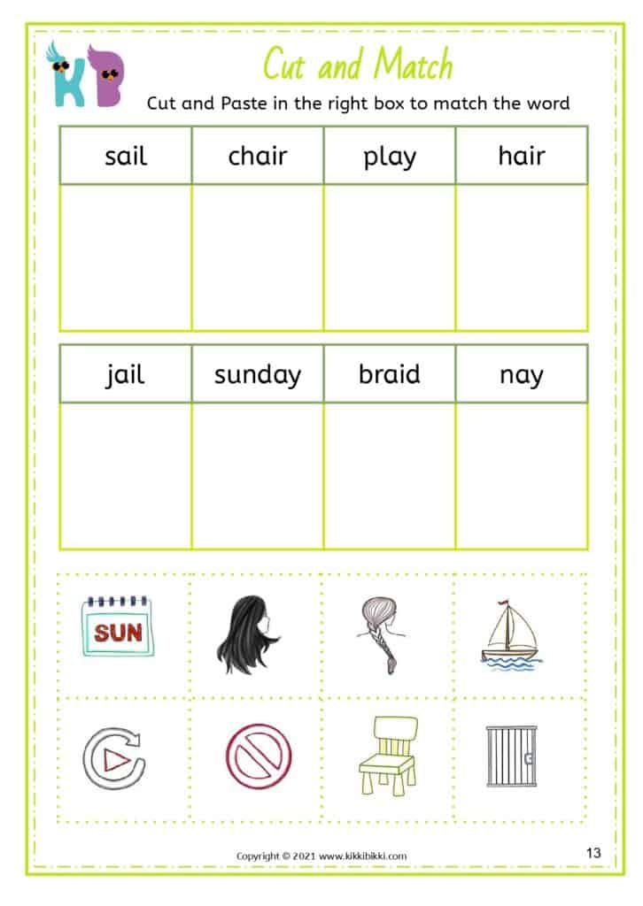 Cut and Match - Long A Free Worksheets for AI & AY Words