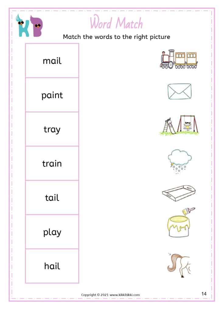 'ai' and 'ay' Word Recognition - Match the following worksheet