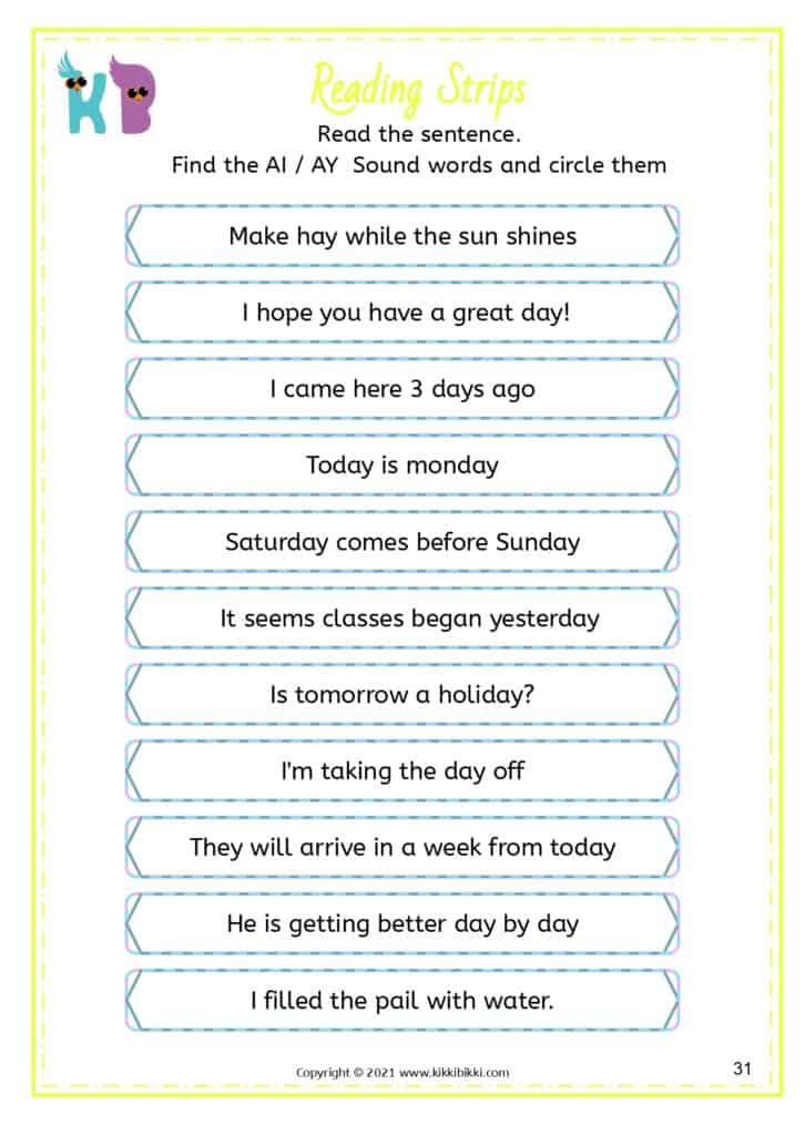 Kindergarten Reading Fluency Practice - Sentence Builders for Long a sound words