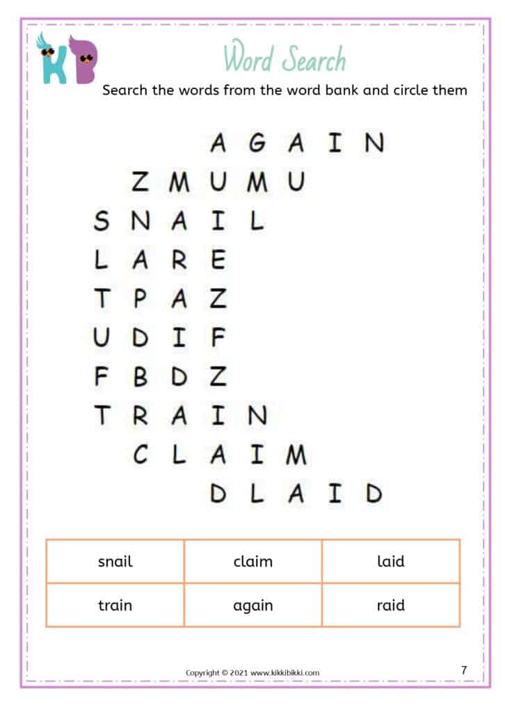 AI and AY Word Search Worksheet