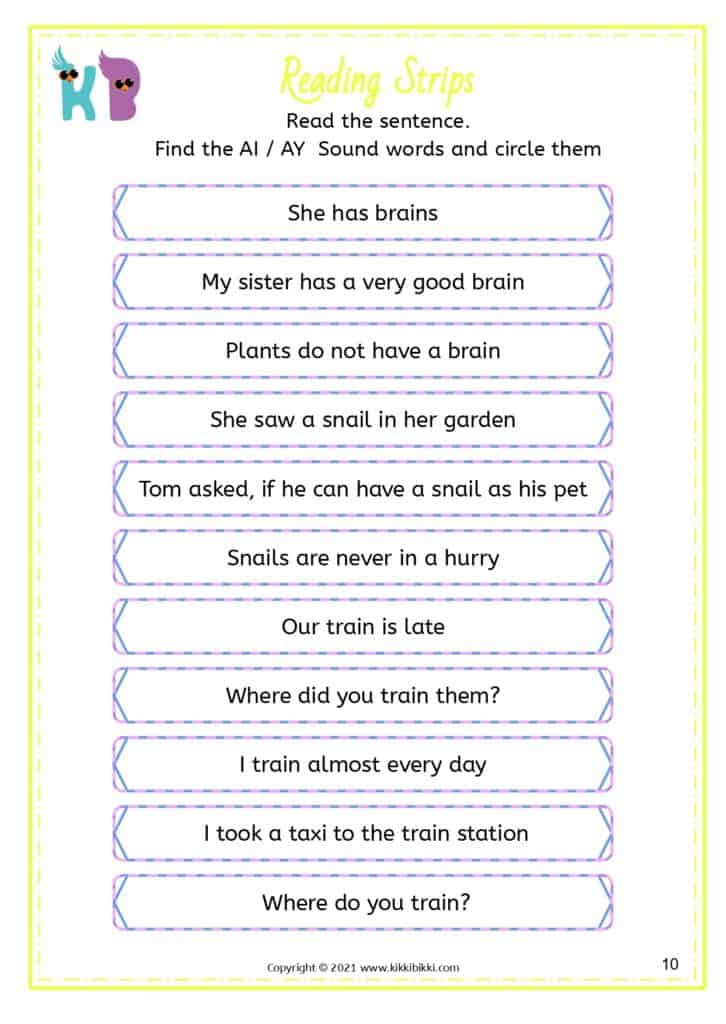 AI and AY Word Fluency Worksheet