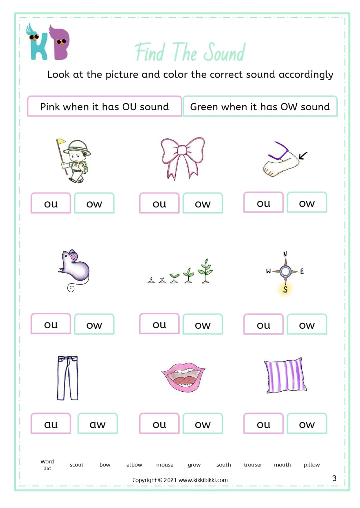 Learn to Spell ou and ow sound words | Free Phonics Worksheets