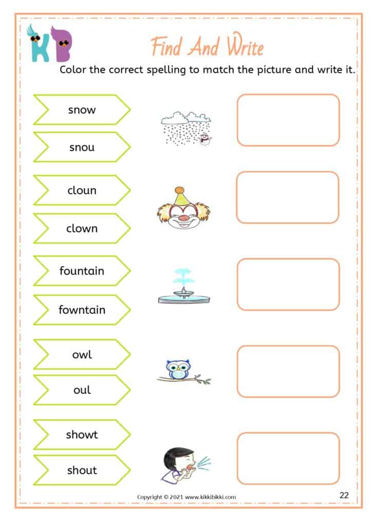 Vowel Diphthongs Review for Kids Worksheet