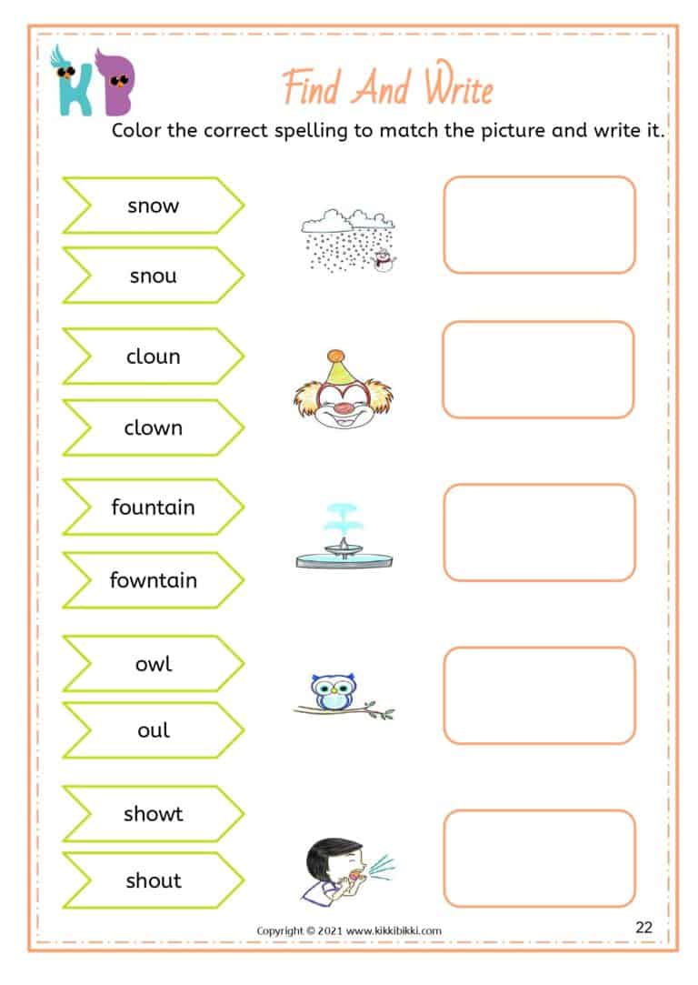Vowel Diphthongs Review for Kids Worksheet