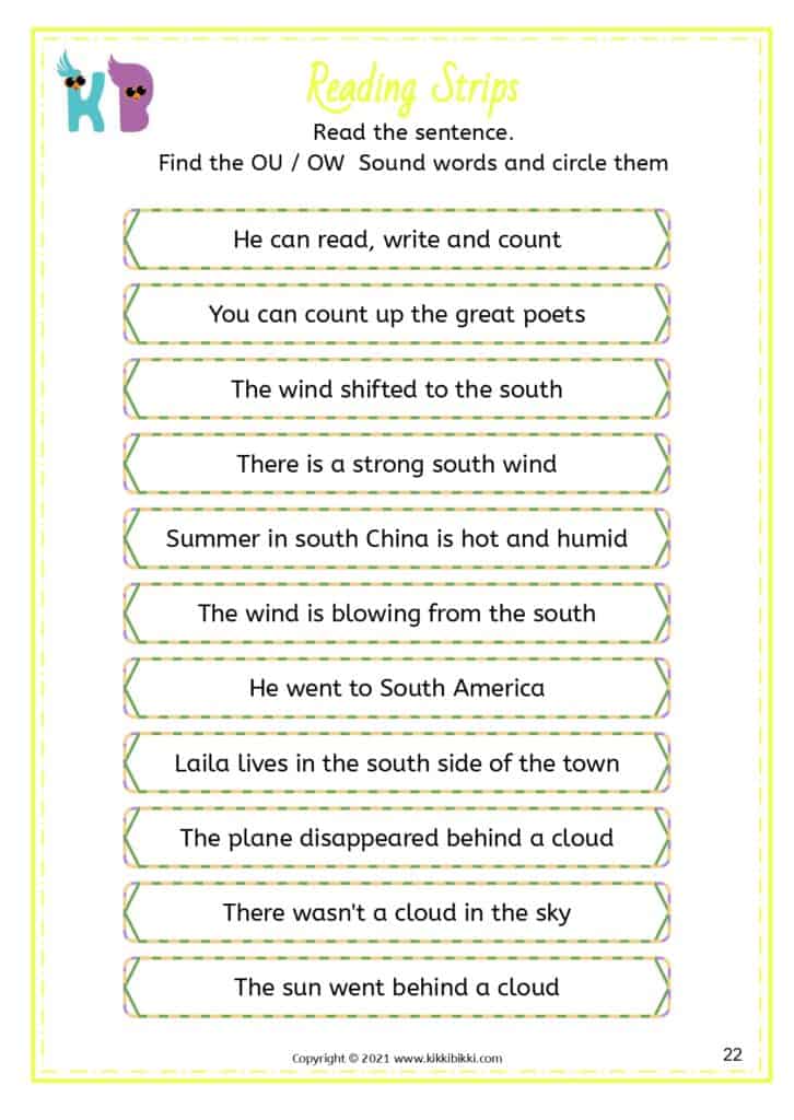 Grade 1 Vowel Diphthongs ou, ow Worksheets