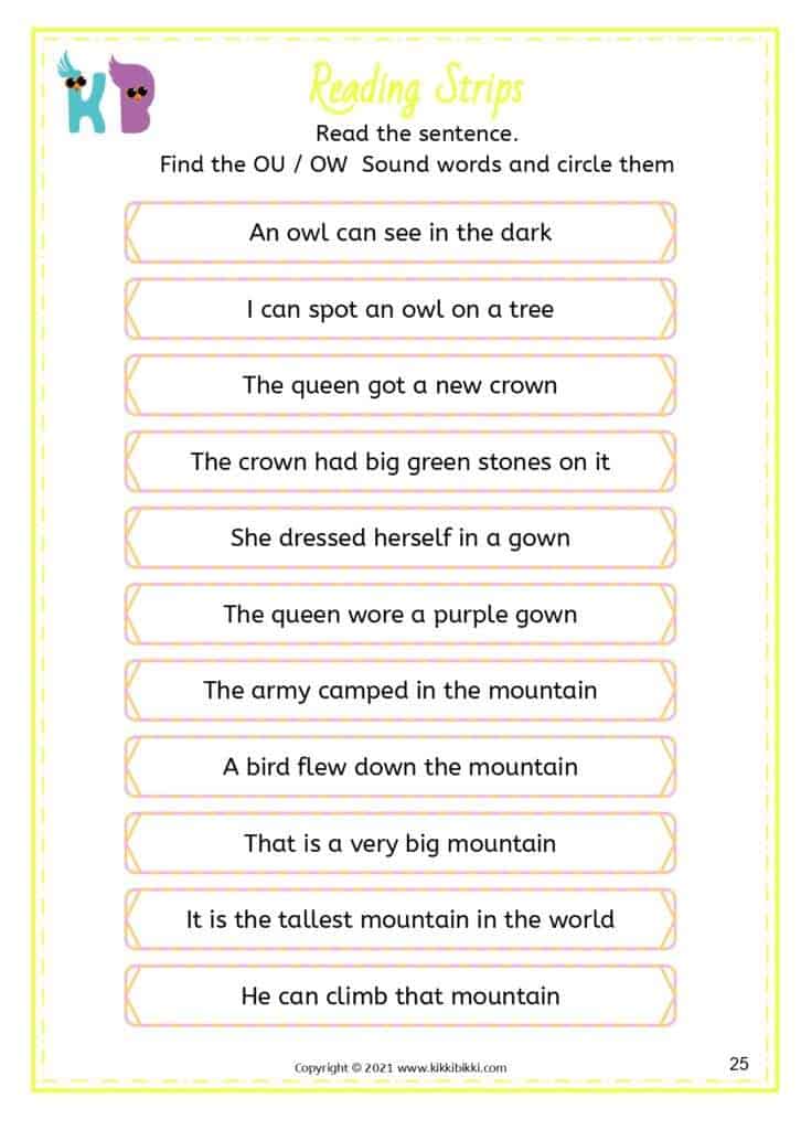 Free Diphthongs ou and ow Worksheets